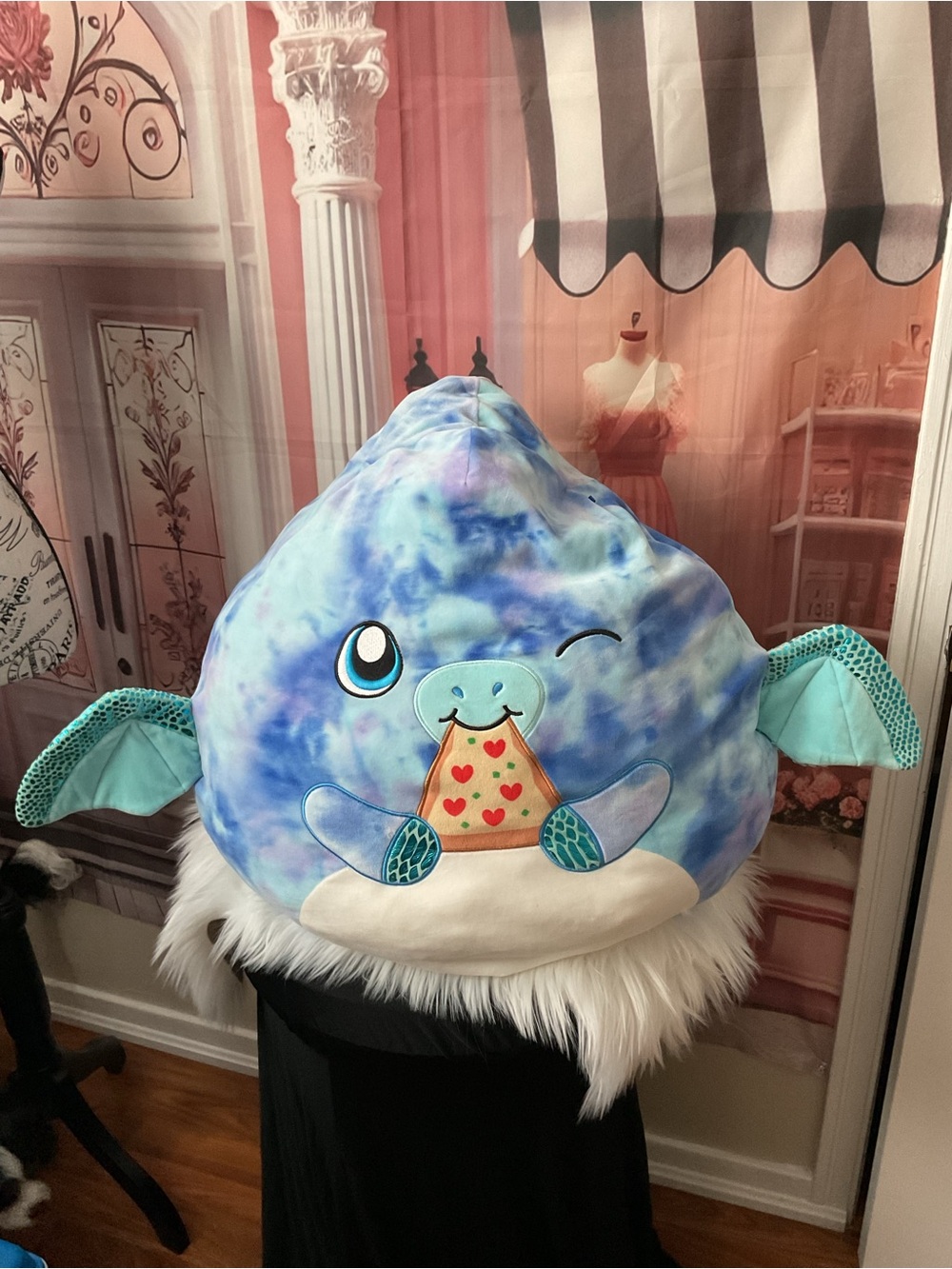 Squishmallows Blue Tie-Dye Narwhal Pillow with Pizza Motif